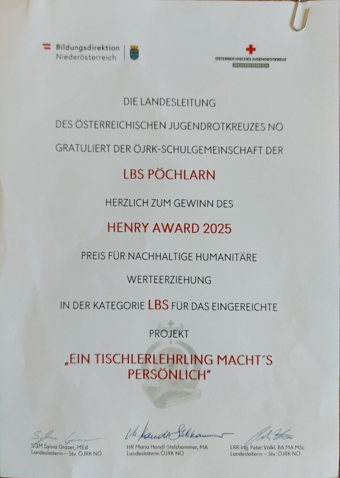 Verleihung Henry Award an die LBS Pöchlarn